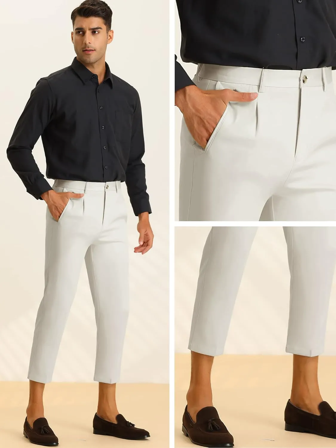 Lars Amadeus Solid Cropped Pants for Men's Slim Fit Pleated Front Ankle Length Tapered Dress Pants