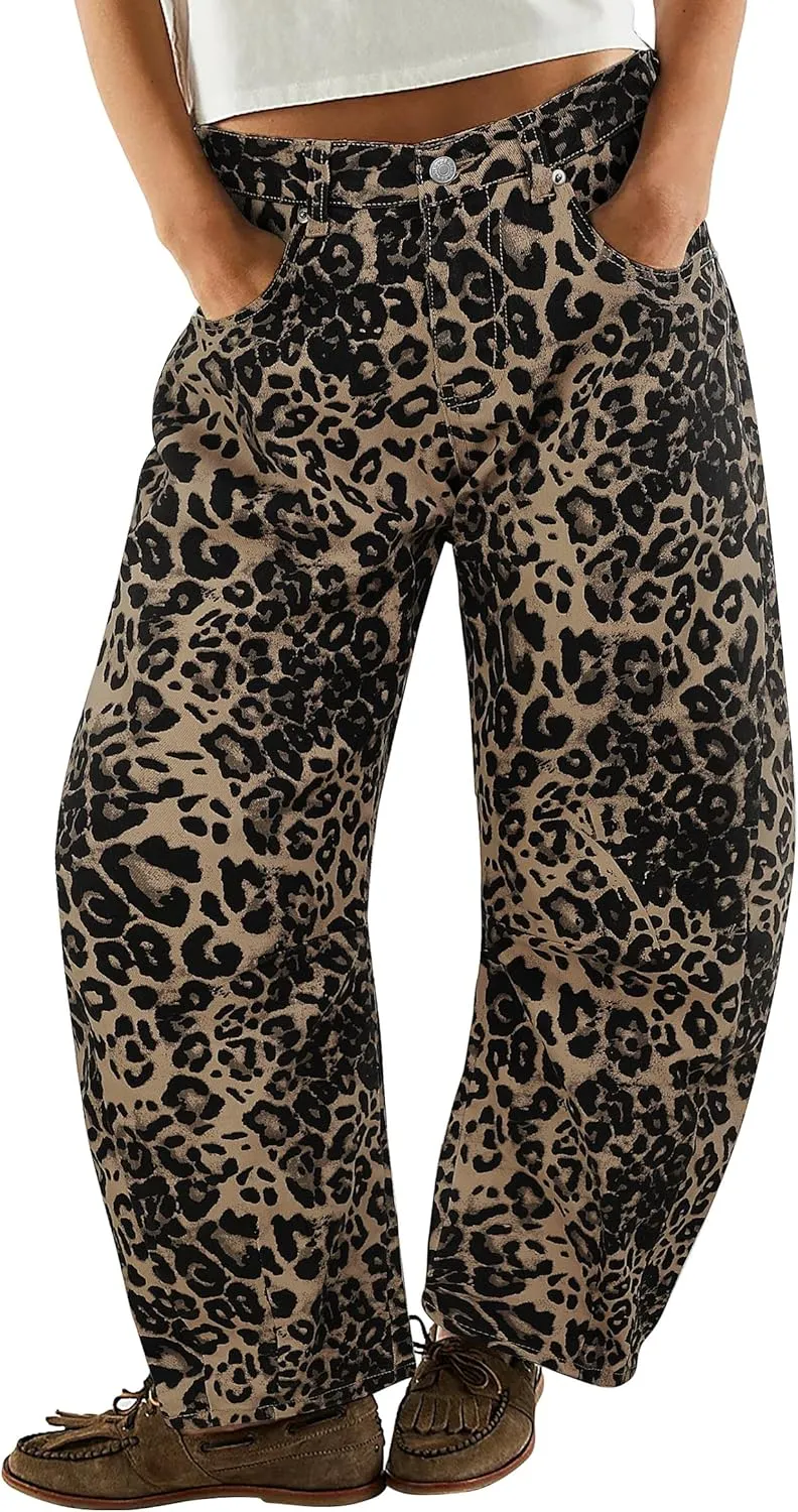 Leopard Pants Women Wide Leg Mid Rise Cheetah Print Pants Vintage Boyfriend Cropped Barrel Jeans Women