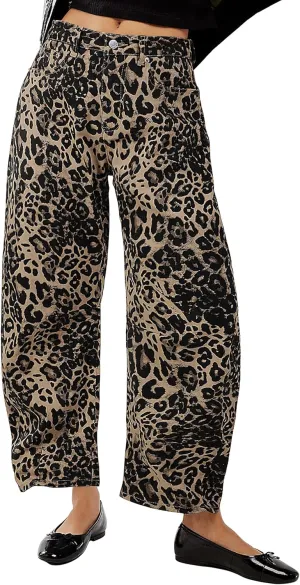 Leopard Pants Women Wide Leg Mid Rise Cheetah Print Pants Vintage Boyfriend Cropped Barrel Jeans Women
