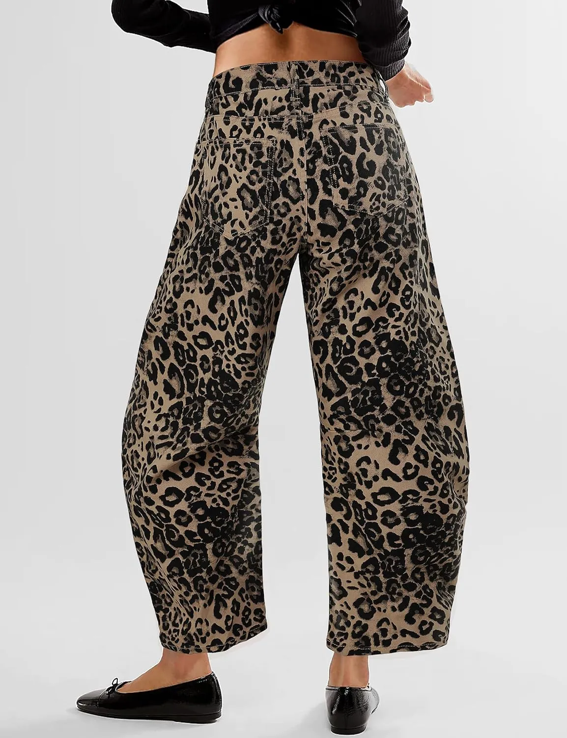 Leopard Pants Women Wide Leg Mid Rise Cheetah Print Pants Vintage Boyfriend Cropped Barrel Jeans Women