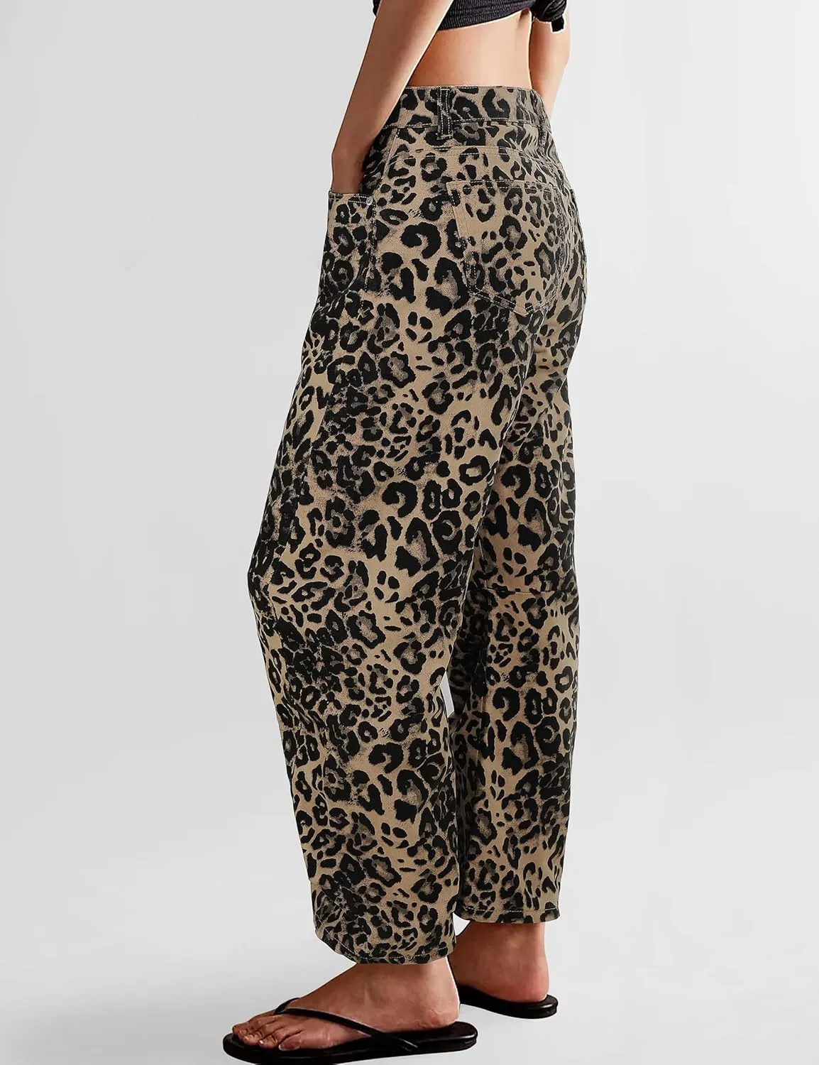 Leopard Pants Women Wide Leg Mid Rise Cheetah Print Pants Vintage Boyfriend Cropped Barrel Jeans Women
