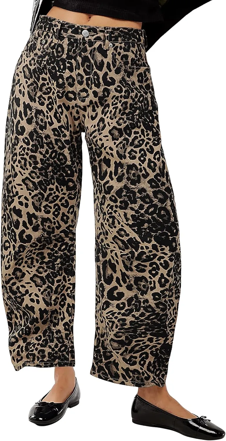 Leopard Pants Women Wide Leg Mid Rise Cheetah Print Pants Vintage Boyfriend Cropped Barrel Jeans Women