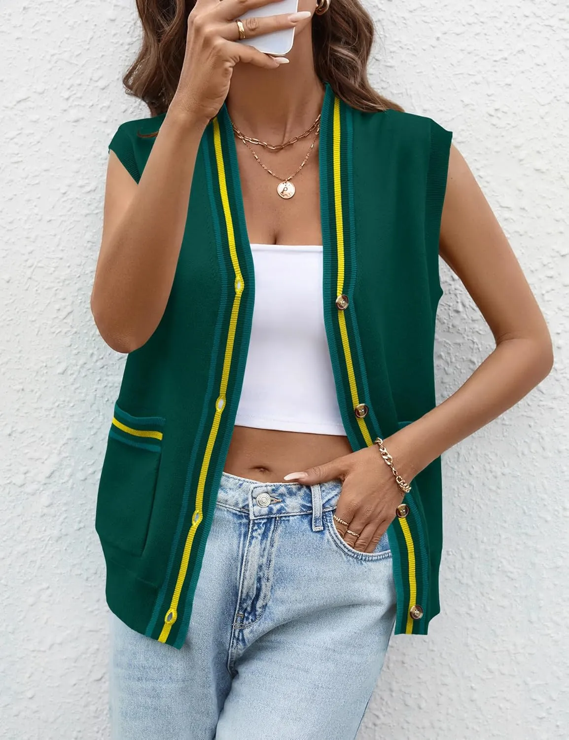 LOMON Sweater Vest Women 2025 Cap Sleeve Striped V Neck Tank Tops Trendy Summer Button Down Knit Cardigan Top with Pockets