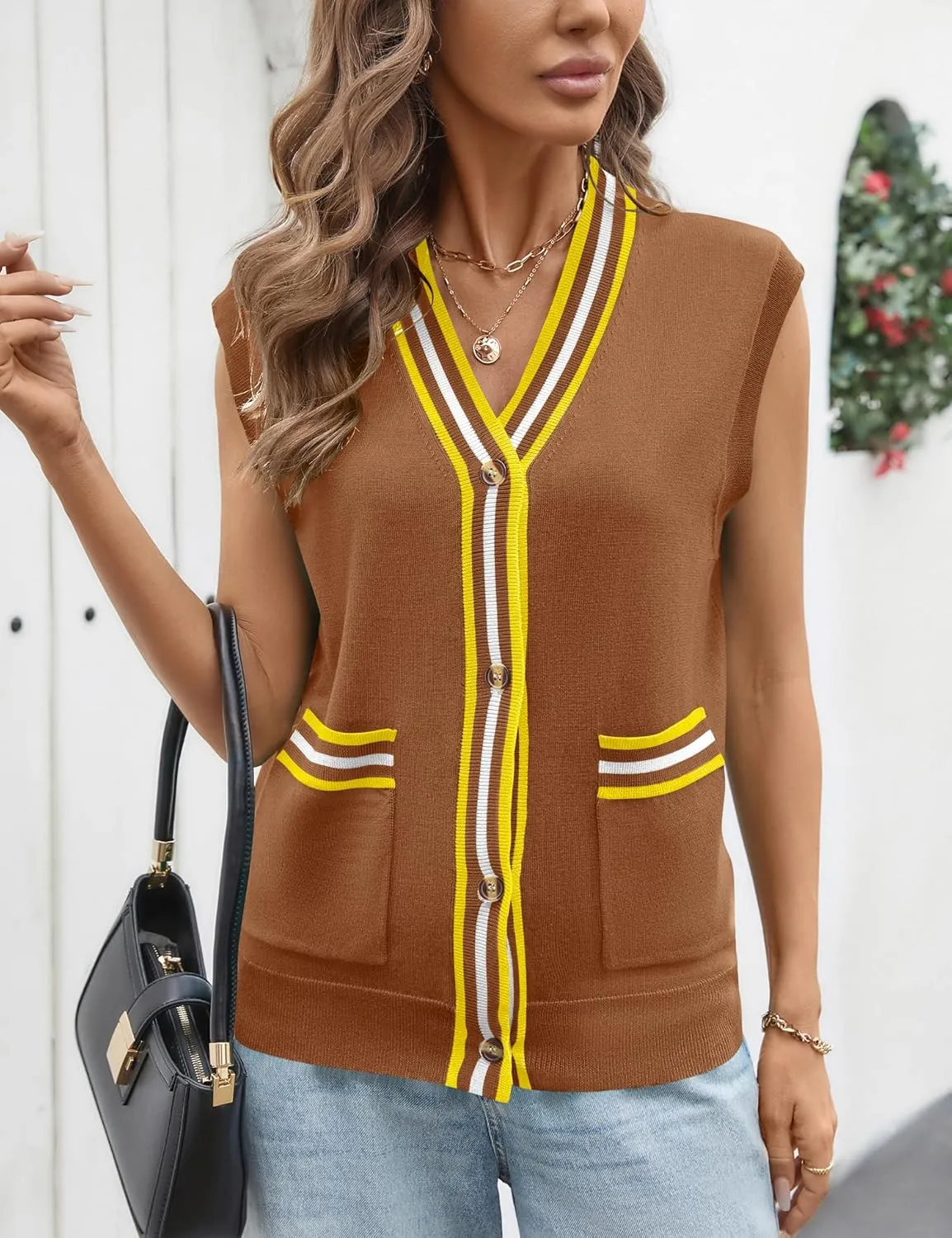 LOMON Sweater Vest Women 2025 Cap Sleeve Striped V Neck Tank Tops Trendy Summer Button Down Knit Cardigan Top with Pockets