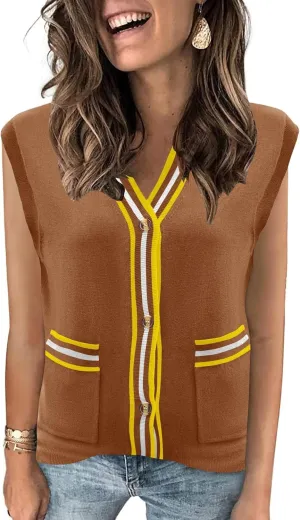 LOMON Sweater Vest Women 2025 Cap Sleeve Striped V Neck Tank Tops Trendy Summer Button Down Knit Cardigan Top with Pockets