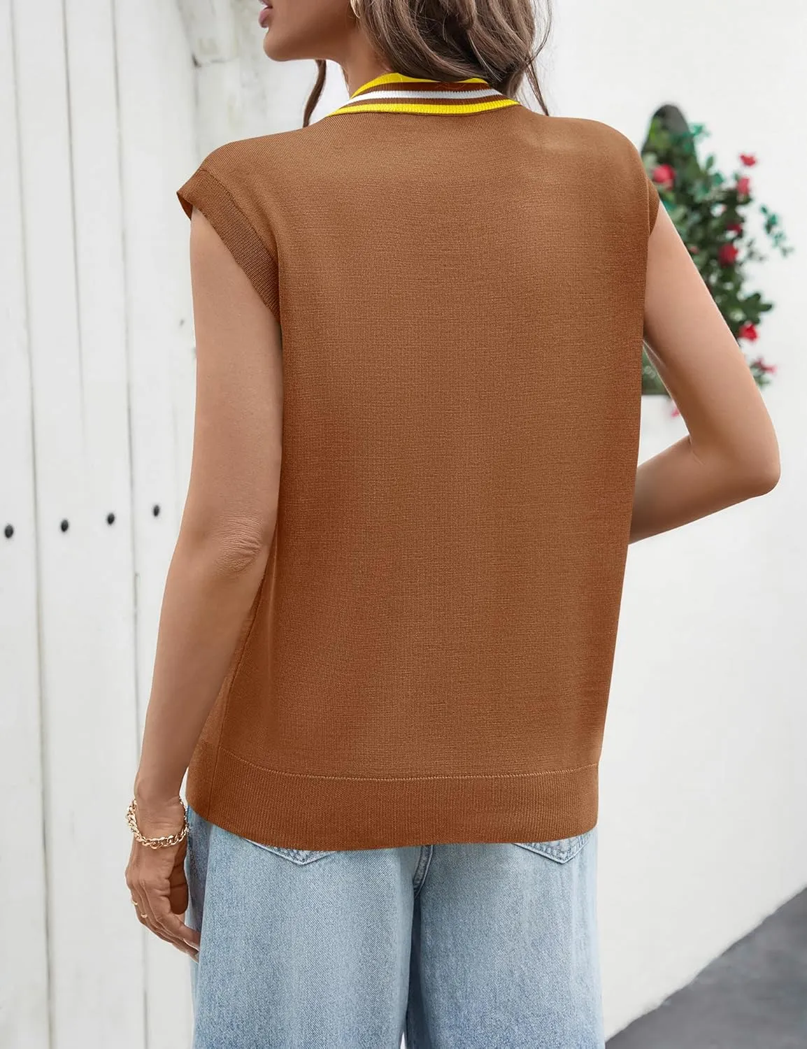 LOMON Sweater Vest Women 2025 Cap Sleeve Striped V Neck Tank Tops Trendy Summer Button Down Knit Cardigan Top with Pockets
