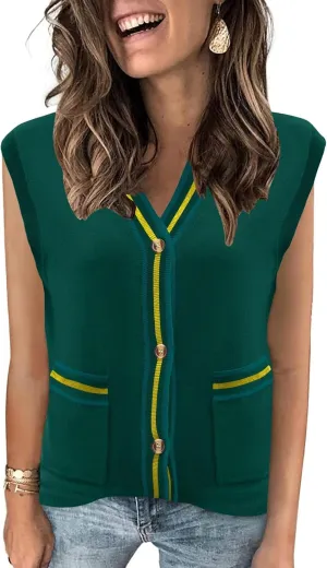 LOMON Sweater Vest Women 2025 Cap Sleeve Striped V Neck Tank Tops Trendy Summer Button Down Knit Cardigan Top with Pockets