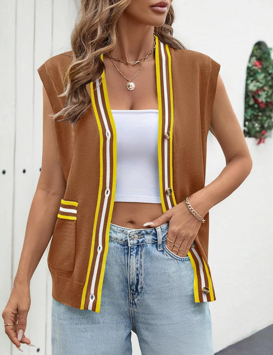 LOMON Sweater Vest Women 2025 Cap Sleeve Striped V Neck Tank Tops Trendy Summer Button Down Knit Cardigan Top with Pockets