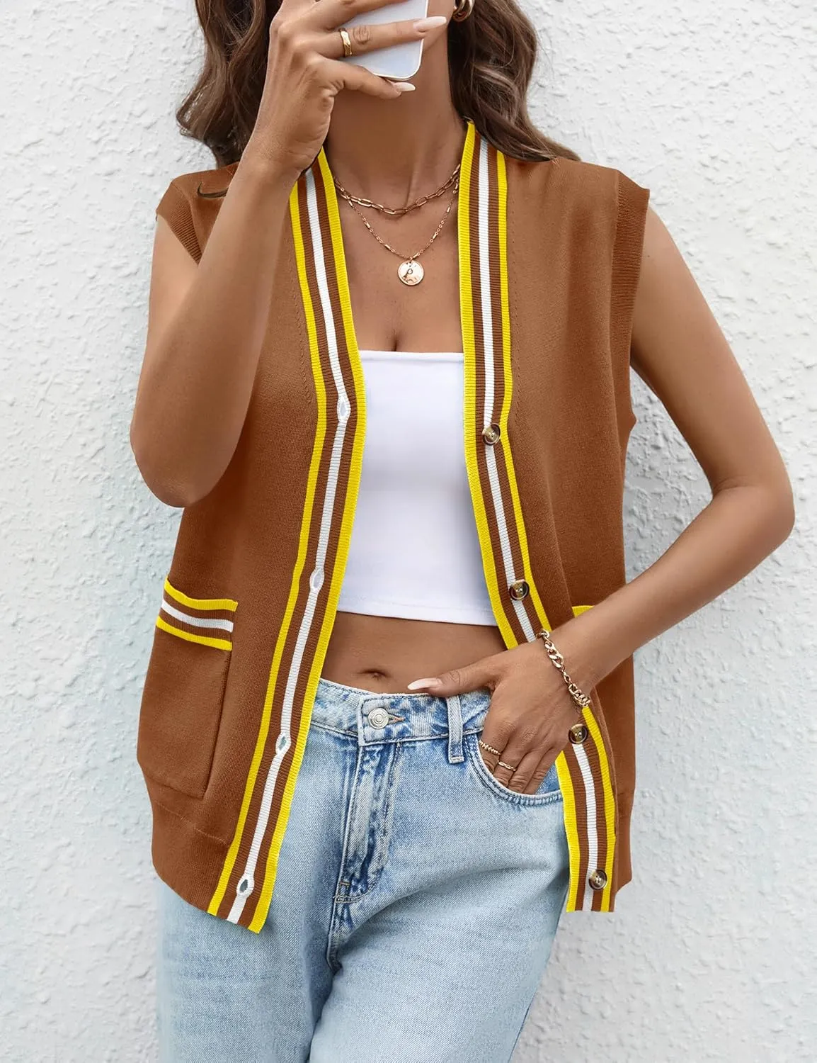 LOMON Sweater Vest Women 2025 Cap Sleeve Striped V Neck Tank Tops Trendy Summer Button Down Knit Cardigan Top with Pockets