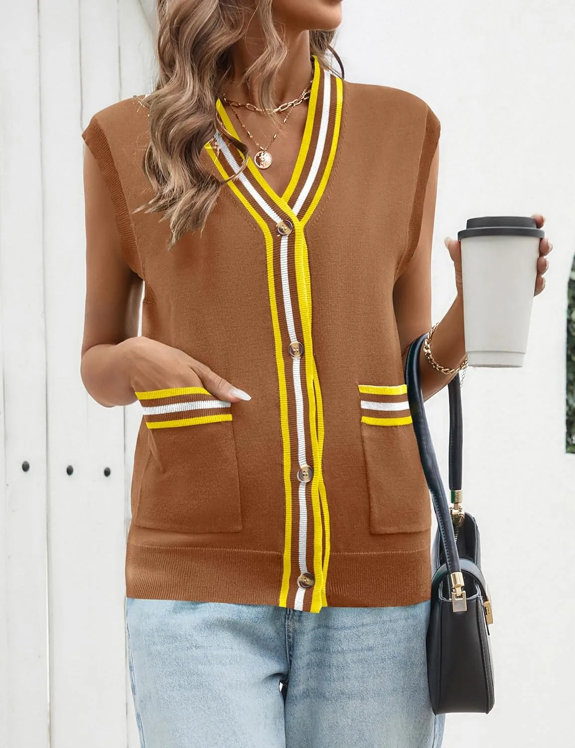 LOMON Sweater Vest Women 2025 Cap Sleeve Striped V Neck Tank Tops Trendy Summer Button Down Knit Cardigan Top with Pockets