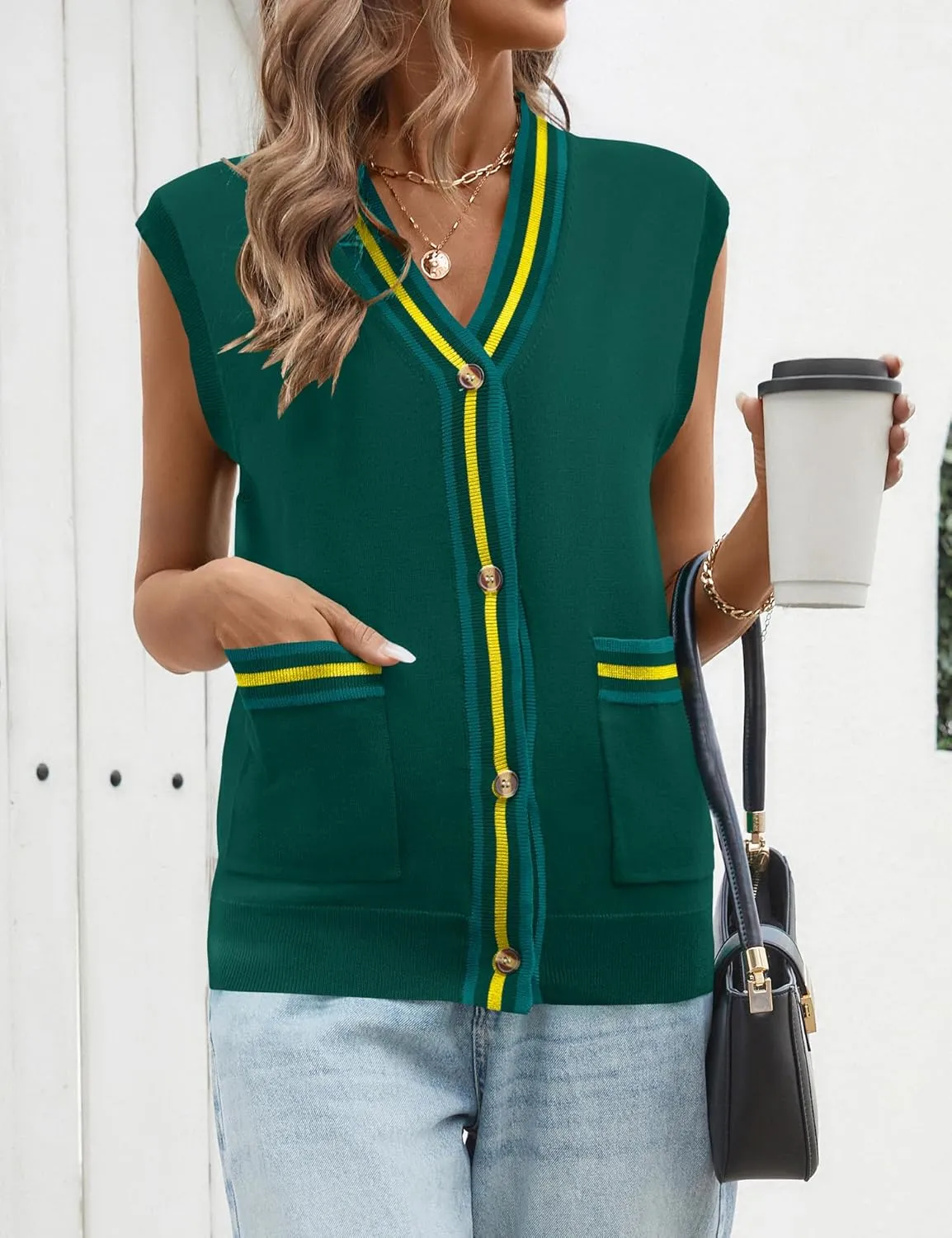 LOMON Sweater Vest Women 2025 Cap Sleeve Striped V Neck Tank Tops Trendy Summer Button Down Knit Cardigan Top with Pockets