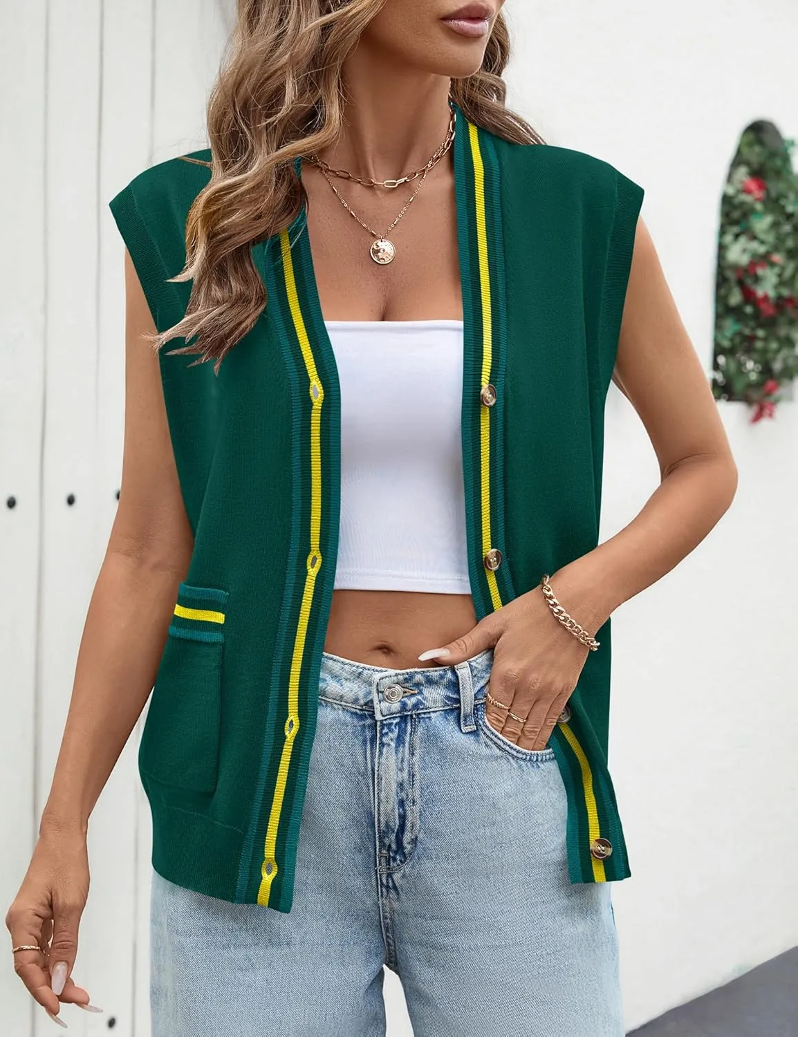 LOMON Sweater Vest Women 2025 Cap Sleeve Striped V Neck Tank Tops Trendy Summer Button Down Knit Cardigan Top with Pockets