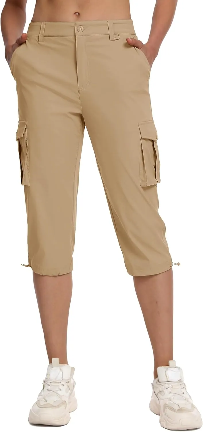 MAGCOMSEN Women's Cargo Capris Pants with 6 Pockets Lightweight Water Resistant Hiking Travel Pants Summer Casual