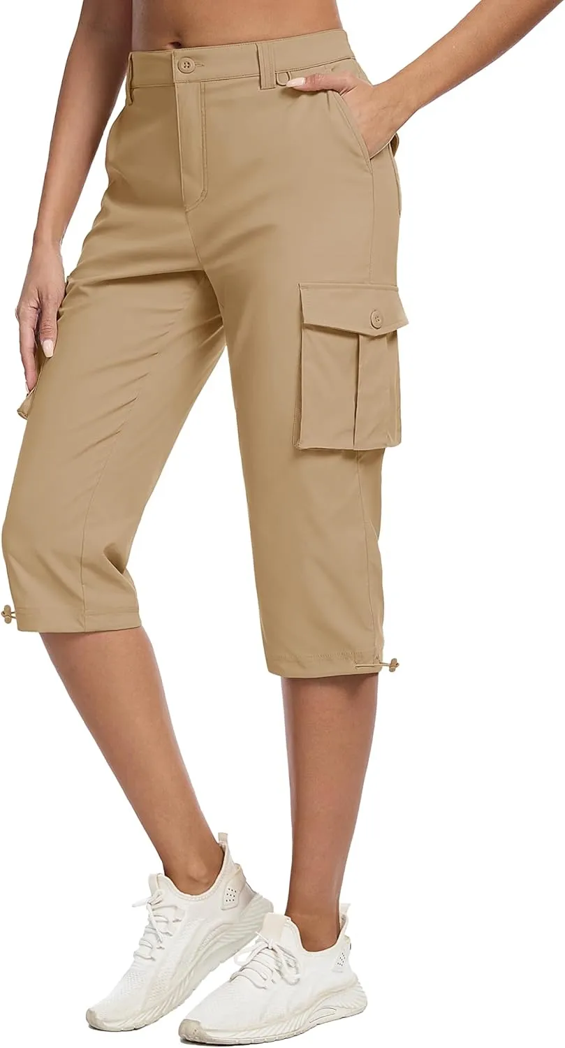 MAGCOMSEN Women's Cargo Capris Pants with 6 Pockets Lightweight Water Resistant Hiking Travel Pants Summer Casual