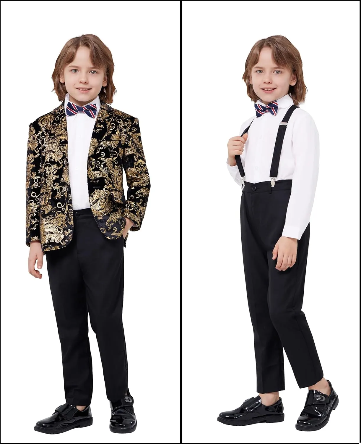 MAGE MALE Boys 3 Pieces Suit Colour Jacquard Slim Fit Jacket Pants Set for Wedding Prom Party Tuxedo with Kids Suspenders