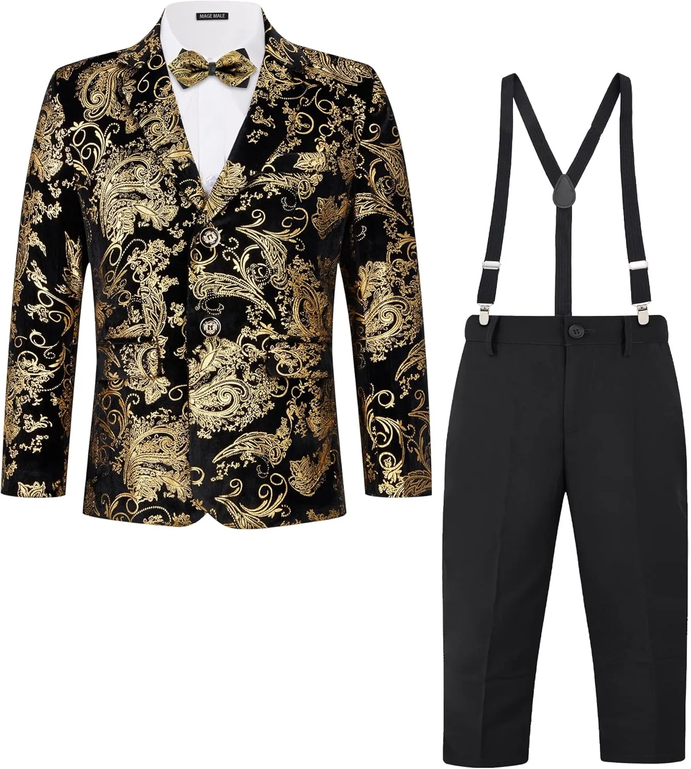 MAGE MALE Boys 3 Pieces Suit Colour Jacquard Slim Fit Jacket Pants Set for Wedding Prom Party Tuxedo with Kids Suspenders