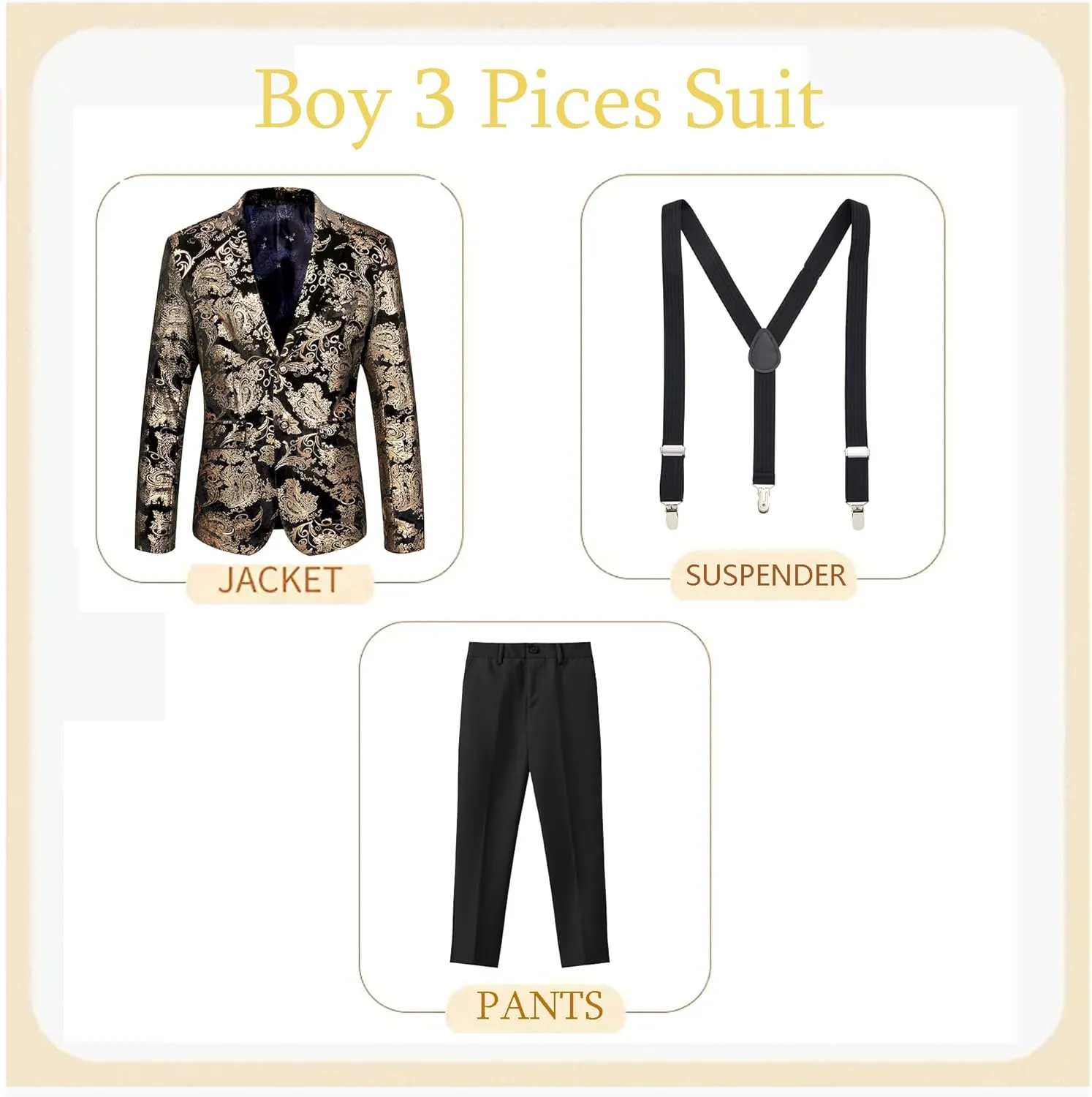 MAGE MALE Boys 3 Pieces Suit Colour Jacquard Slim Fit Jacket Pants Set for Wedding Prom Party Tuxedo with Kids Suspenders