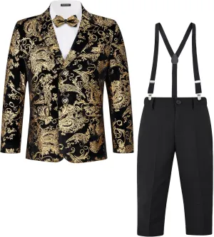 MAGE MALE Boys 3 Pieces Suit Colour Jacquard Slim Fit Jacket Pants Set for Wedding Prom Party Tuxedo with Kids Suspenders