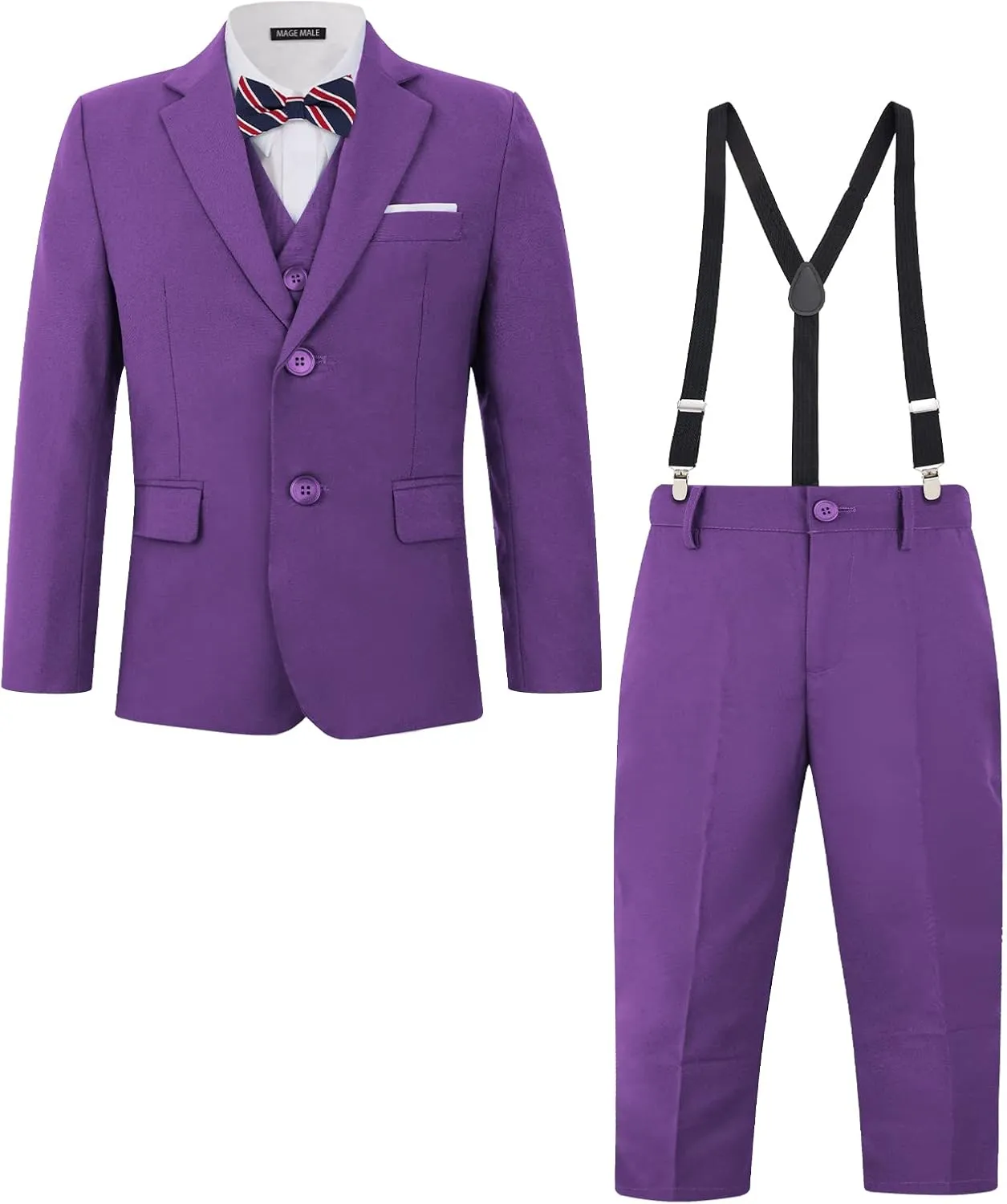MAGE MALE Boys Multiple Colour Formal Dress Suits 5 Piece Slim Fit Dresswear Suit Set with Kids Suspenders