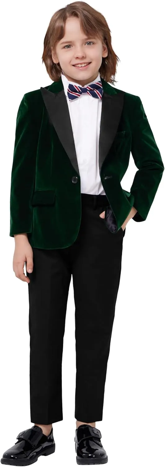MAGE MALE Boys Velvet 3 Pieces Suit Multiple Colour Jacket Pants Set for Wedding Prom Party Tuxedo with Kids Suspenders