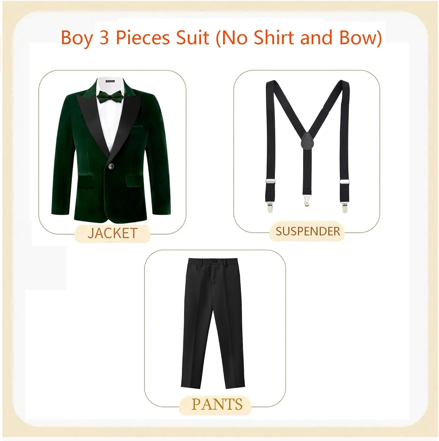 MAGE MALE Boys Velvet 3 Pieces Suit Multiple Colour Jacket Pants Set for Wedding Prom Party Tuxedo with Kids Suspenders