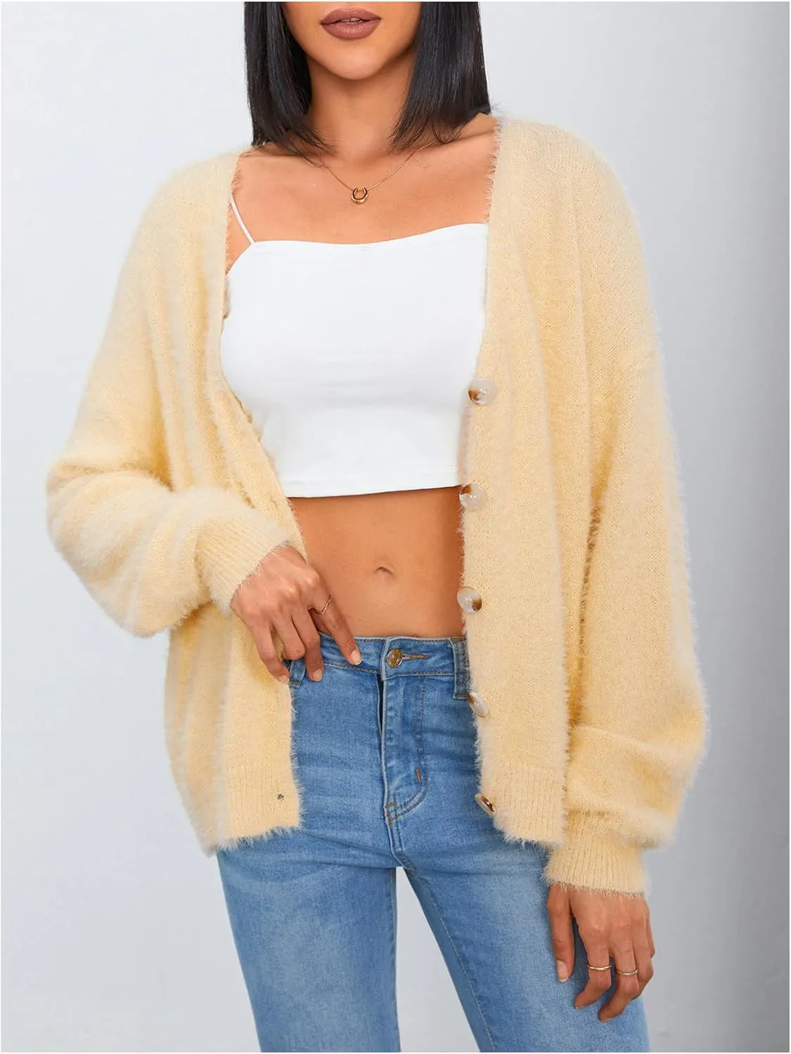 MakeMeChic Women's Fuzzy Cardigan Long Sleeve V Neck Button Down Loose Cardigan Sweater