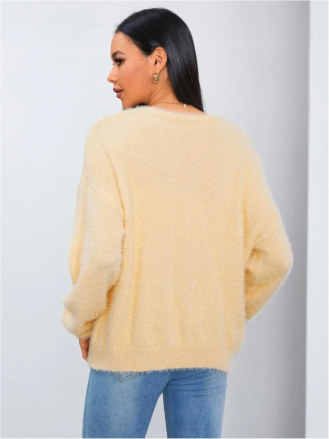 MakeMeChic Women's Fuzzy Cardigan Long Sleeve V Neck Button Down Loose Cardigan Sweater