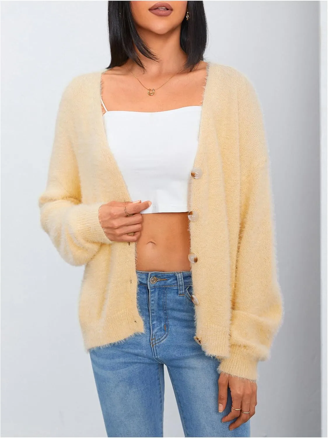 MakeMeChic Women's Fuzzy Cardigan Long Sleeve V Neck Button Down Loose Cardigan Sweater
