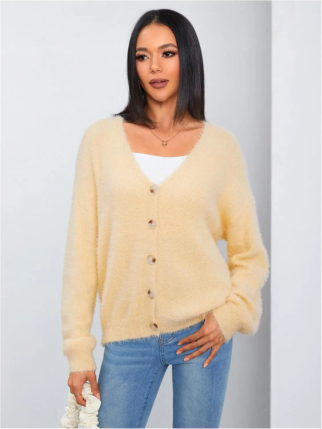 MakeMeChic Women's Fuzzy Cardigan Long Sleeve V Neck Button Down Loose Cardigan Sweater