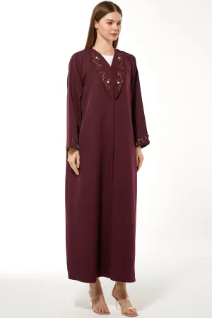 Maroon Rochester Crepe Abaya with Front 3D Floral Threadwork