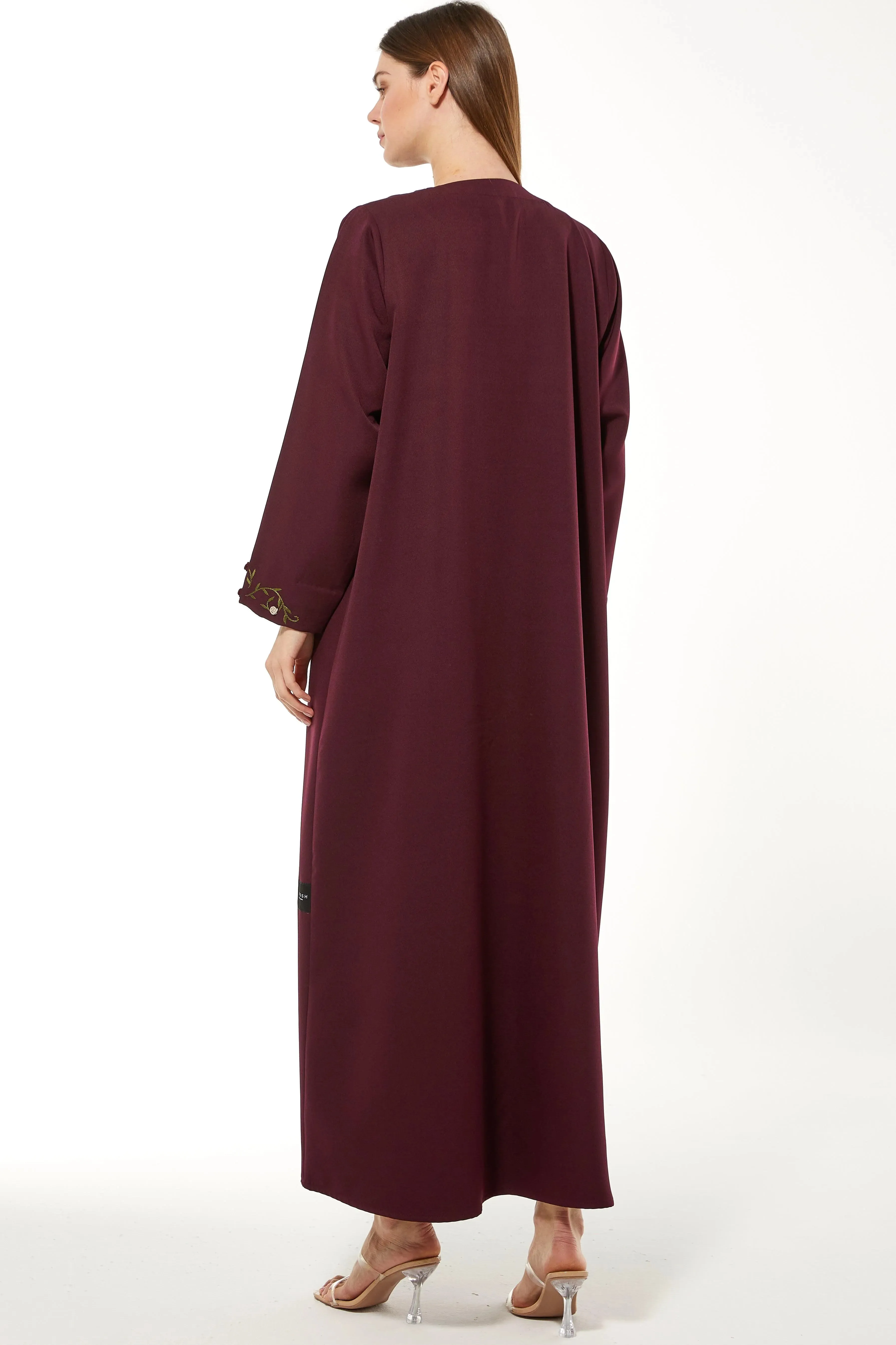 Maroon Rochester Crepe Abaya with Front 3D Floral Threadwork