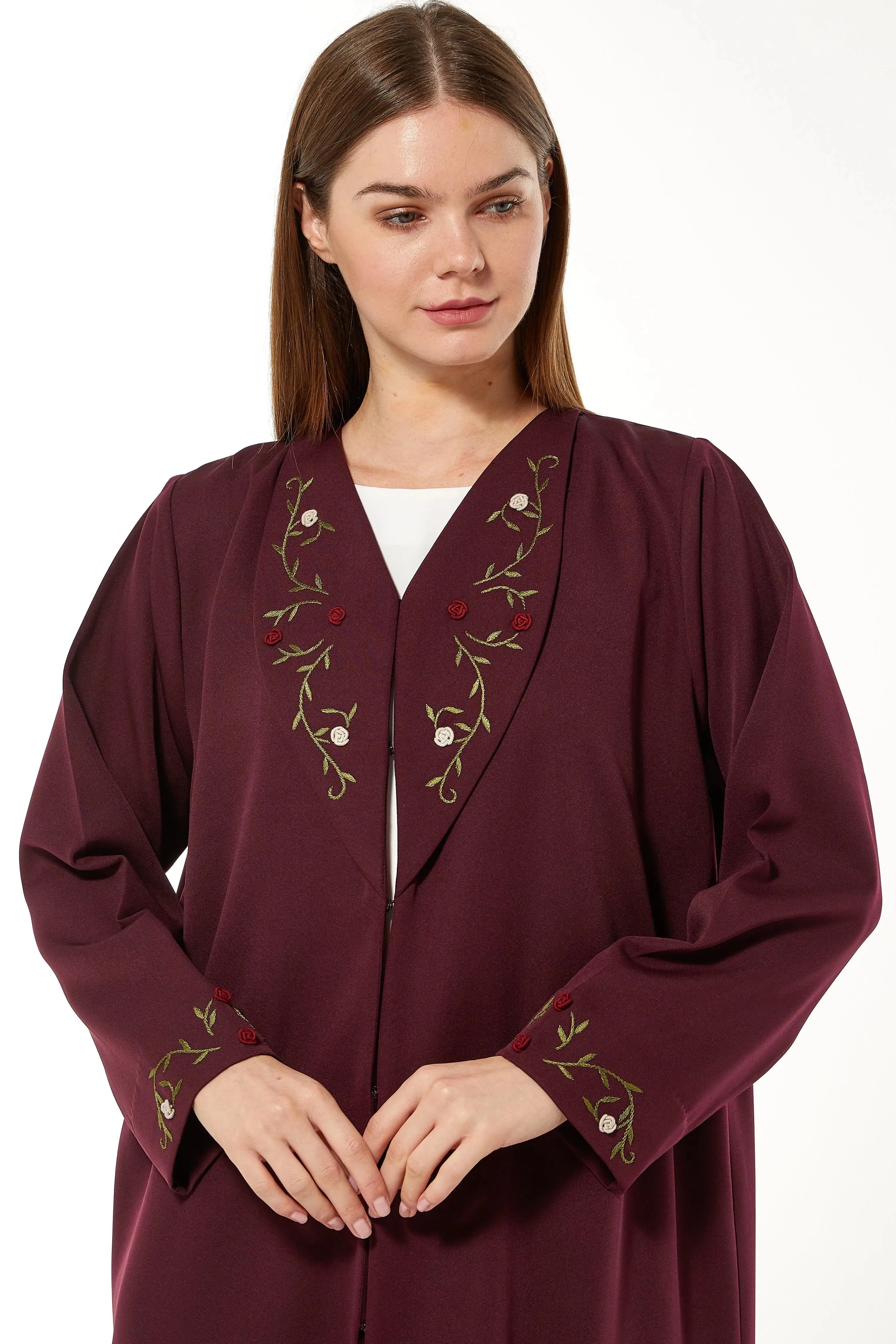 Maroon Rochester Crepe Abaya with Front 3D Floral Threadwork