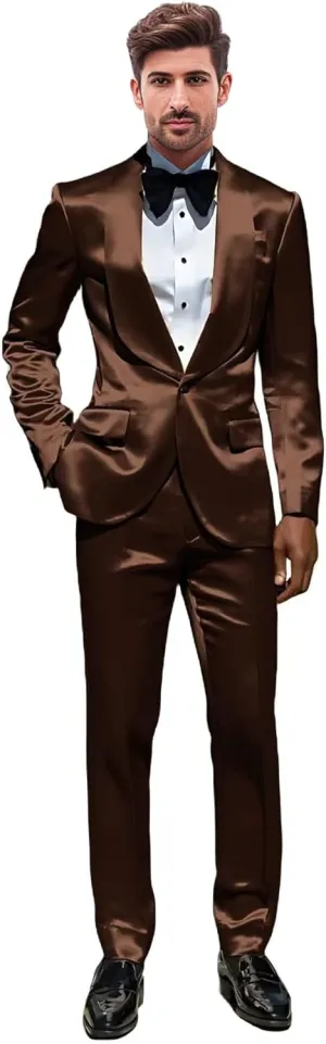 Mens 2 Piece Satin Suit One Button Slim Fit Formal Wedding Prom Party Tuxedo Suits Blazer Pants Set