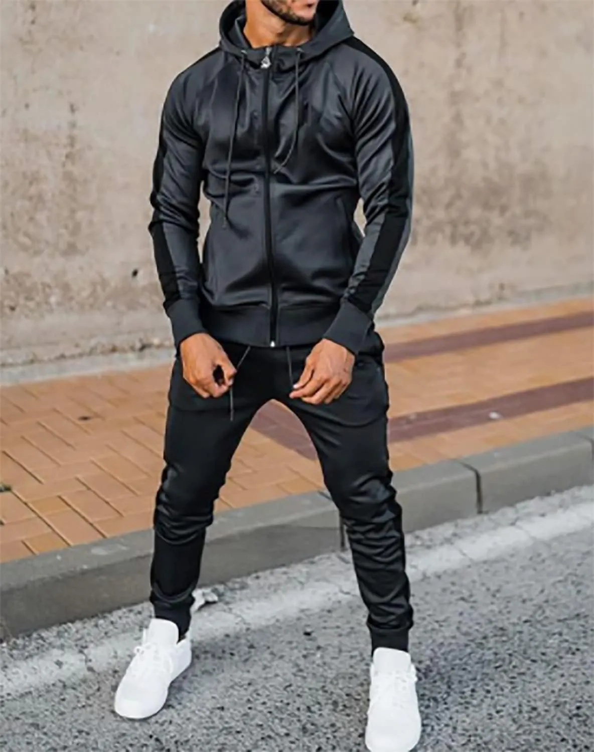 Men's Hooded Sportswear Suit long Sleeve Full Zipper Two-piece Suit Suitable for Running, Jogging, Sports Suit