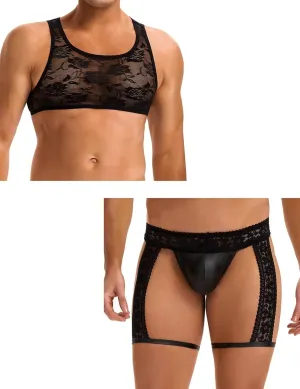 Mens Lace Underwear Lingerie Set Sissy Panties Femboy Soft Faux Leather Boxer Briefs Mesh Crop Tops for Men Floral L