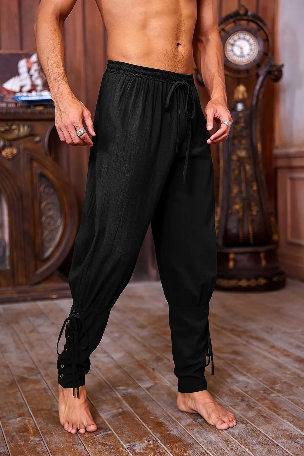 Mens Medieval Ankle Pants Viking Pirate Renaissance Costume Lace Up Tapered Banded Navigator Casual Trousers