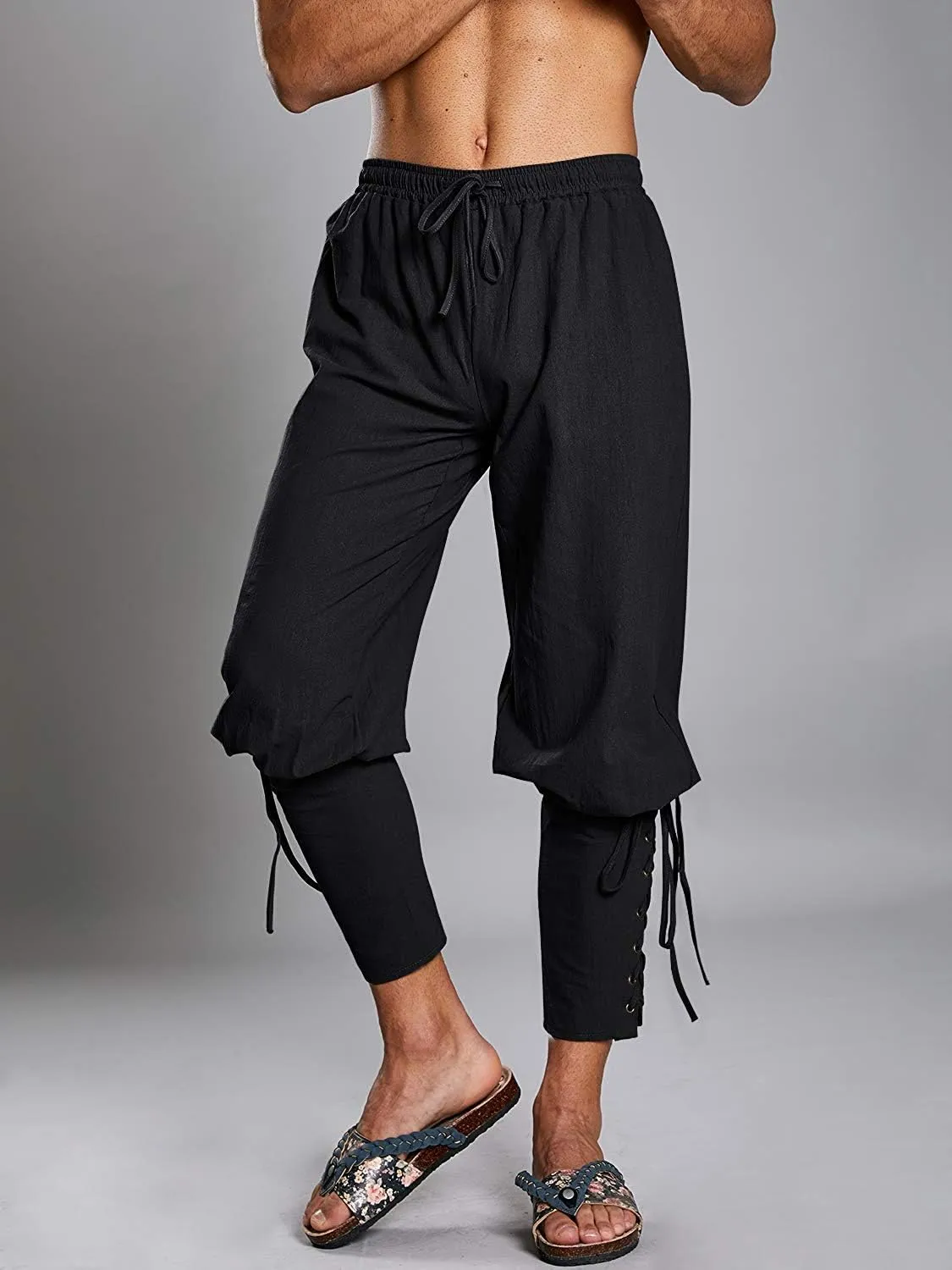 Mens Medieval Ankle Pants Viking Pirate Renaissance Costume Lace Up Tapered Banded Navigator Casual Trousers