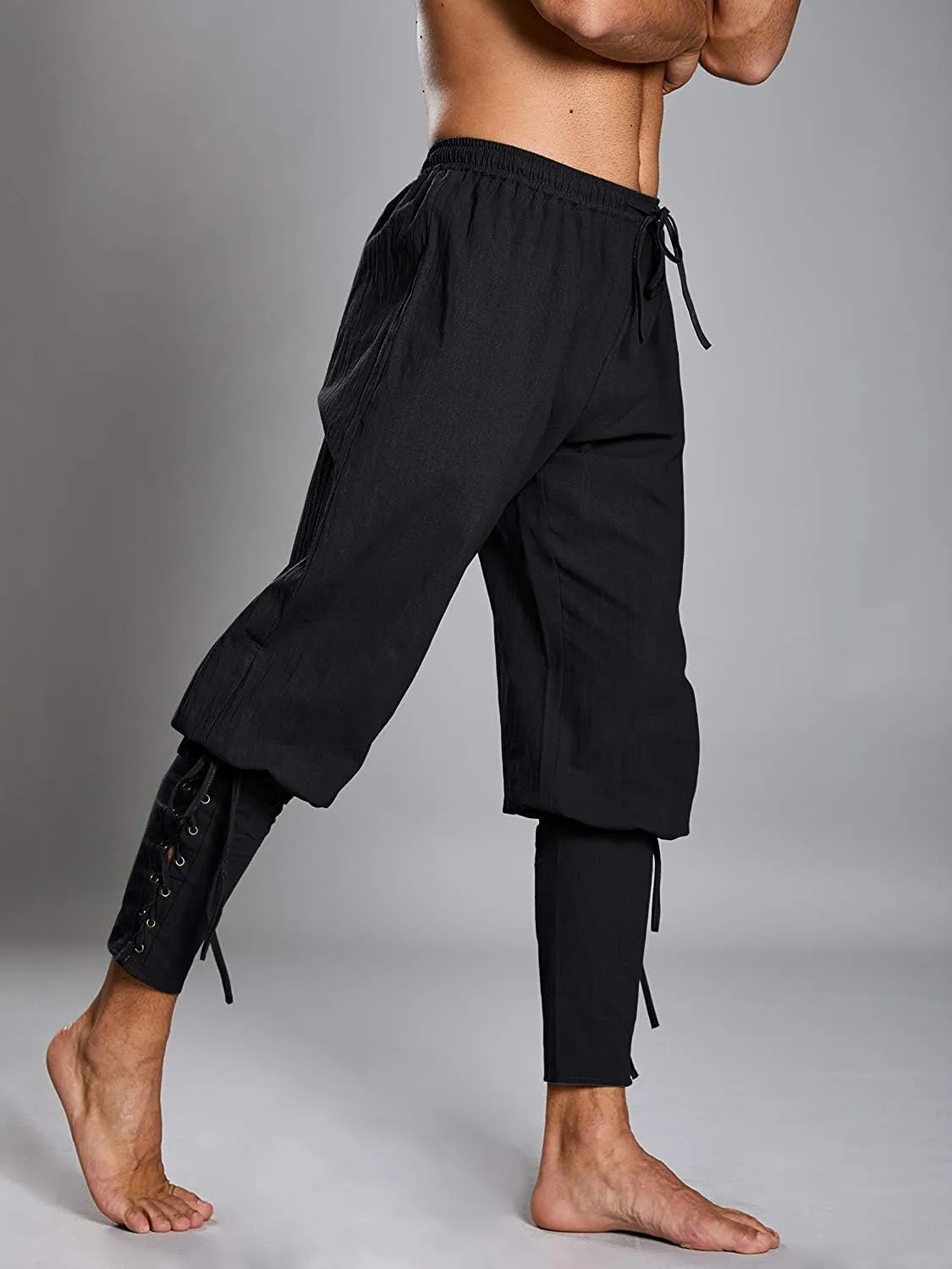 Mens Medieval Ankle Pants Viking Pirate Renaissance Costume Lace Up Tapered Banded Navigator Casual Trousers