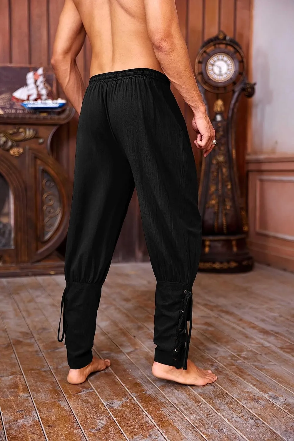 Mens Medieval Ankle Pants Viking Pirate Renaissance Costume Lace Up Tapered Banded Navigator Casual Trousers