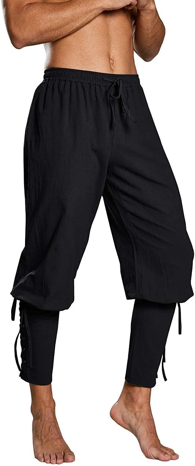 Mens Medieval Ankle Pants Viking Pirate Renaissance Costume Lace Up Tapered Banded Navigator Casual Trousers