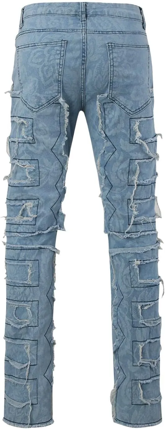 Mens Ripped Stacked Jeans Slim Fit Skinny Stretch Distressed Destroyed Denim Jeans Fashion Y2K Hip Hop Denim Pants