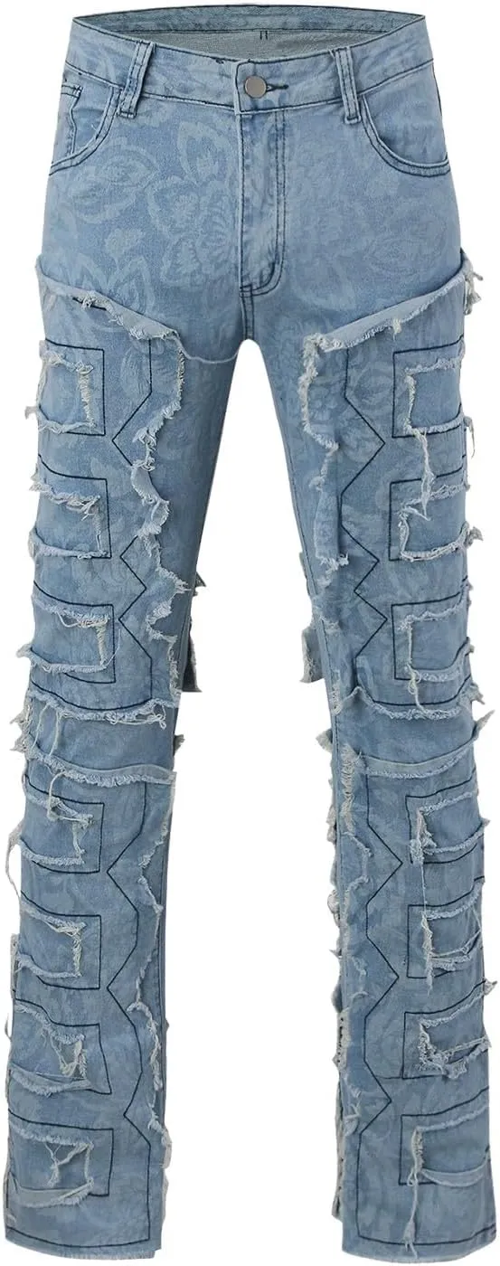 Mens Ripped Stacked Jeans Slim Fit Skinny Stretch Distressed Destroyed Denim Jeans Fashion Y2K Hip Hop Denim Pants