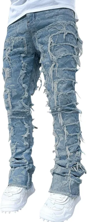 Mens Ripped Stacked Jeans Slim Fit Skinny Stretch Distressed Destroyed Denim Jeans Fashion Y2K Hip Hop Denim Pants