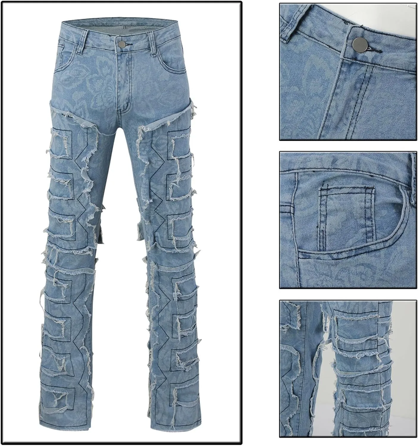 Mens Ripped Stacked Jeans Slim Fit Skinny Stretch Distressed Destroyed Denim Jeans Fashion Y2K Hip Hop Denim Pants