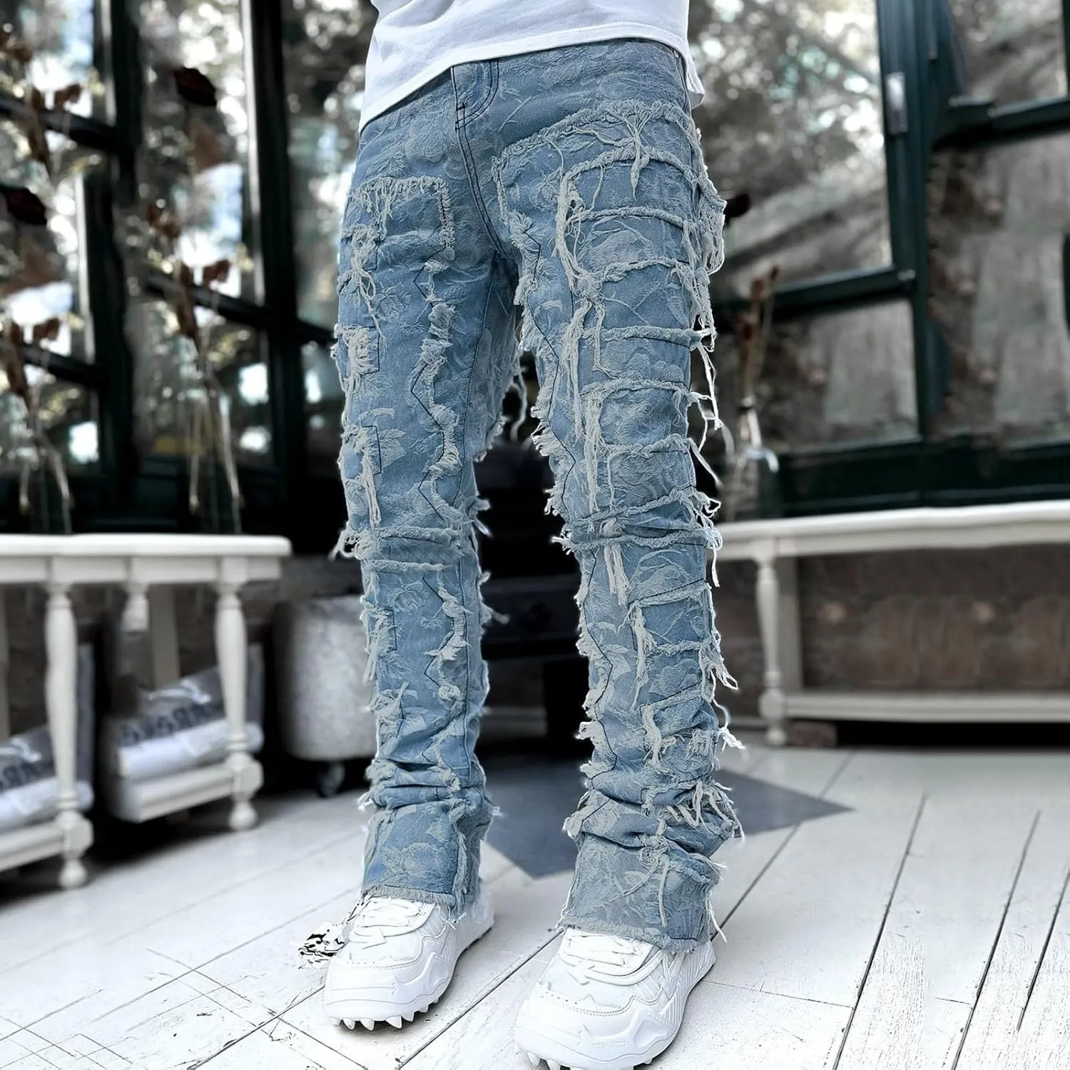 Mens Ripped Stacked Jeans Slim Fit Skinny Stretch Distressed Destroyed Denim Jeans Fashion Y2K Hip Hop Denim Pants