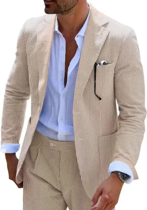 Mens Seersucker Suit Summer 2 Pieces Casual 2 Button Slim Fit Stripe Suits for Men Wedding Party Suit Jacket Pants
