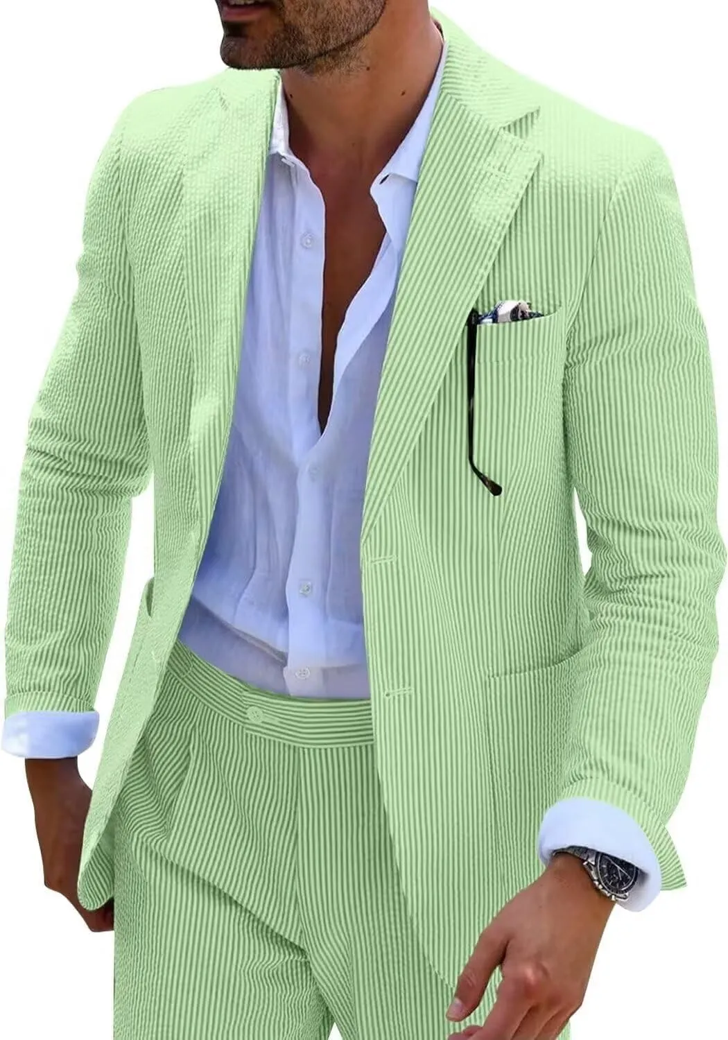 Mens Seersucker Suit Summer 2 Pieces Casual 2 Button Slim Fit Stripe Suits for Men Wedding Party Suit Jacket Pants