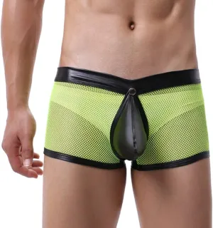 Men's Sexy Underwear Bulge Pouch See Through Mesh Underpants Low Rise Trunks Boxers Briefs Faux Leather Front