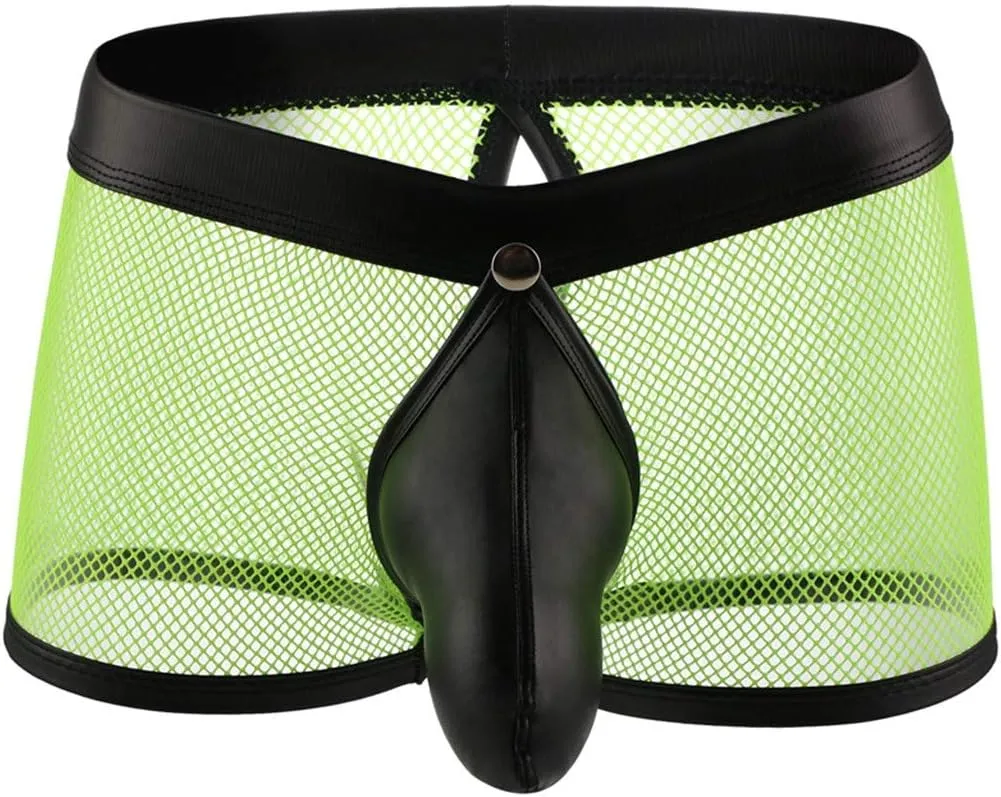 Men's Sexy Underwear Bulge Pouch See Through Mesh Underpants Low Rise Trunks Boxers Briefs Faux Leather Front
