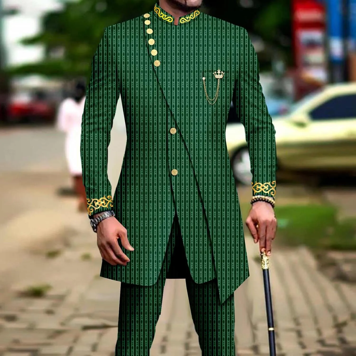 Men`s Suit Double Breasted Slim Fit Embroidery Chain Blazer and Pants Set Dashiki Outfits African Clothes